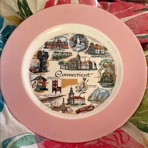 Vintage Connecticut Souvenir Decorative Pink Rim Plate marked on back 9.25”